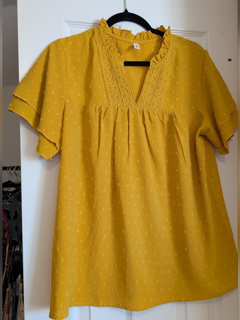 Falechay Women's Boho Mustard Yellow Ruffle V-Neck Blouse Lace Trim Size Med